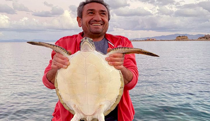 Çöplere dolanan Caretta Caretta'yı amatör balıkçılar kurtardı